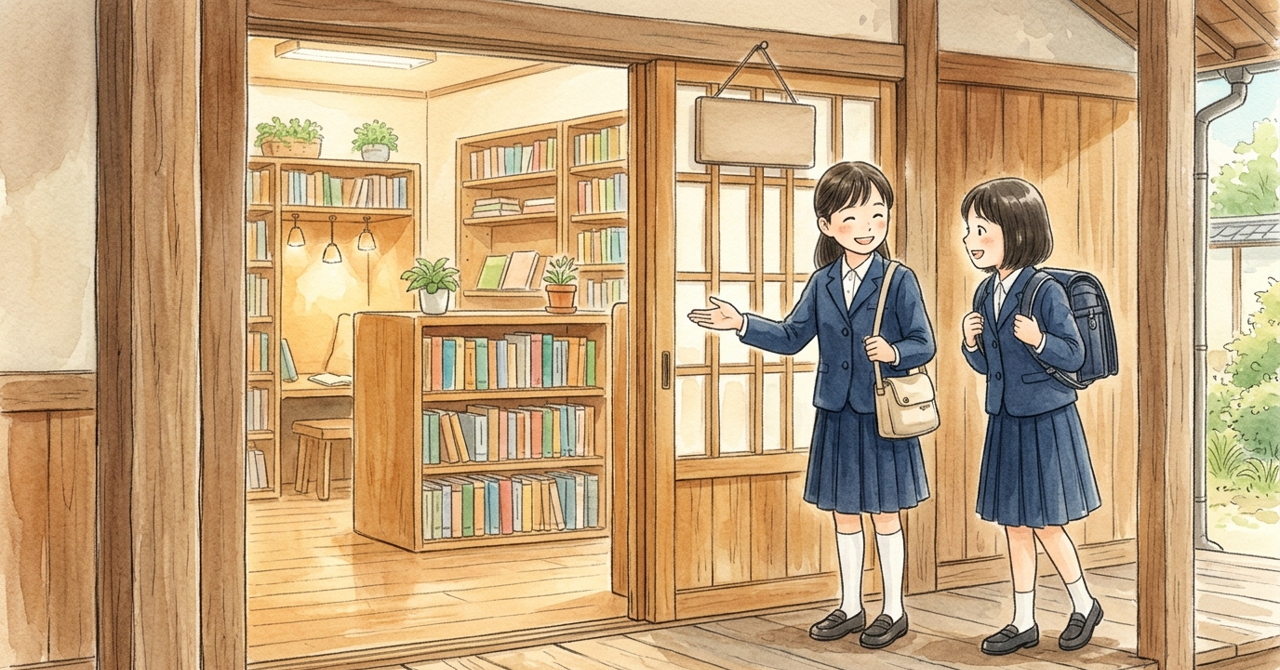 図書室の入口で、1人が手で中を示して友だちに紹介している。