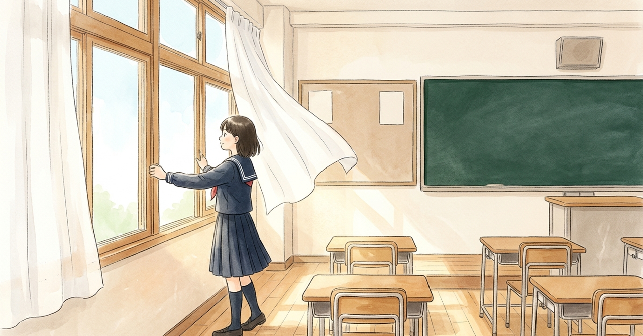 教室で、中学生が窓を開け、カーテンが風でふくらむ。