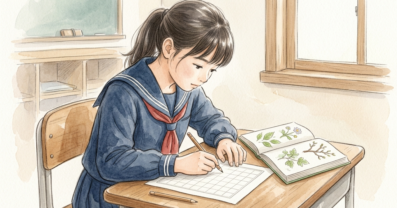 机で、中学生が無地の原稿用紙に書き、横に本を開いて置く。