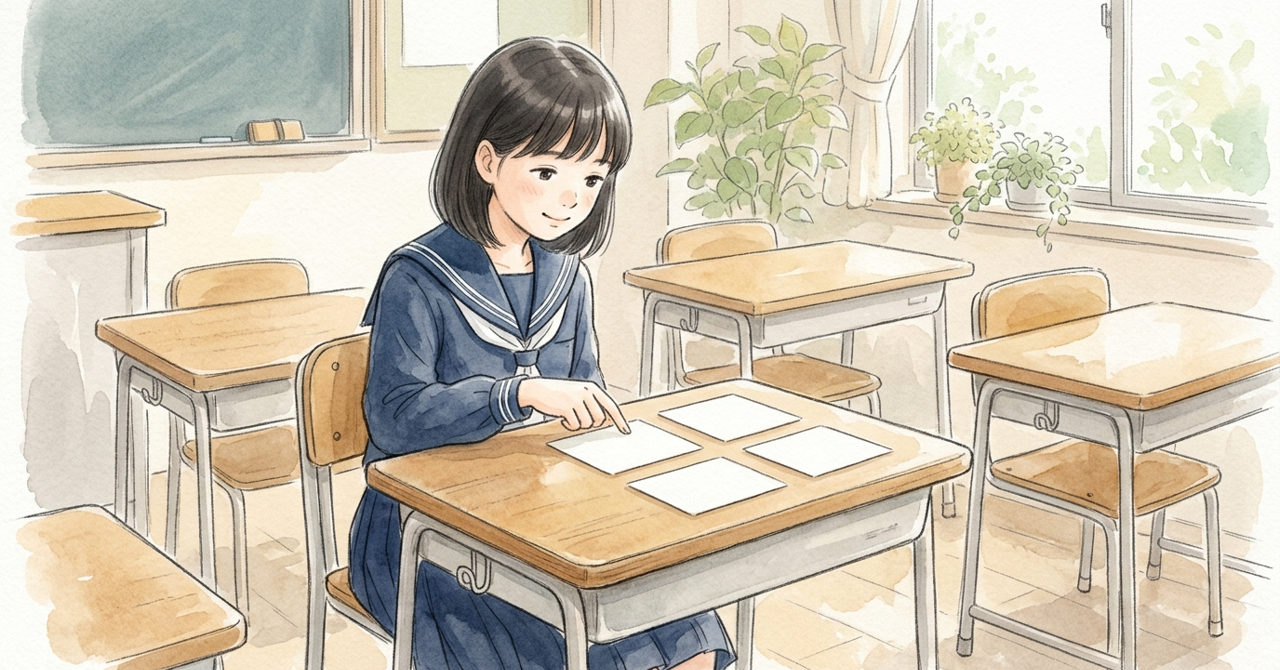 机で、中学生が無地の紙を3つの段に分けて並べ、順番を考えている。