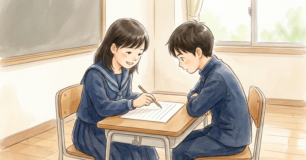 2人が机で原稿を読み合い、1人が鉛筆で指している。