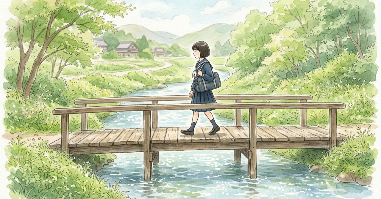 川にかかる小さな橋を、中学生が渡っている。