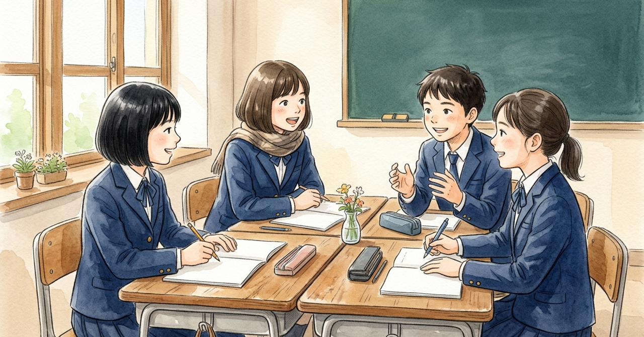 教室で4人が机を囲んで話し合い、1人が無地のノートにメモしている。