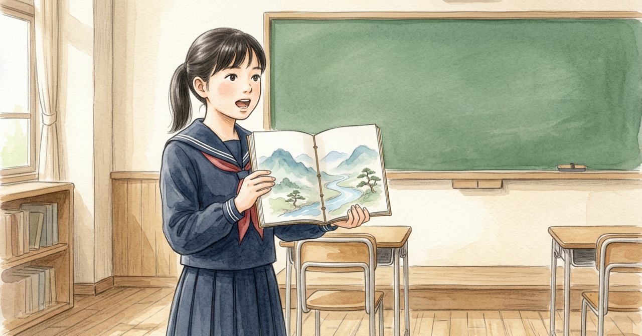 教室で、中学生が古い本を両手で持ち、声に出して読む。