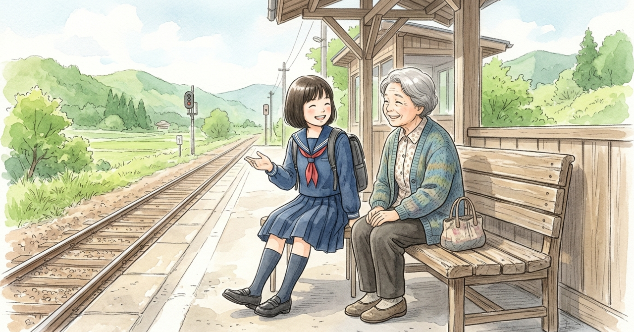 駅のホームで、中学生がおばあさんと笑顔で話している。