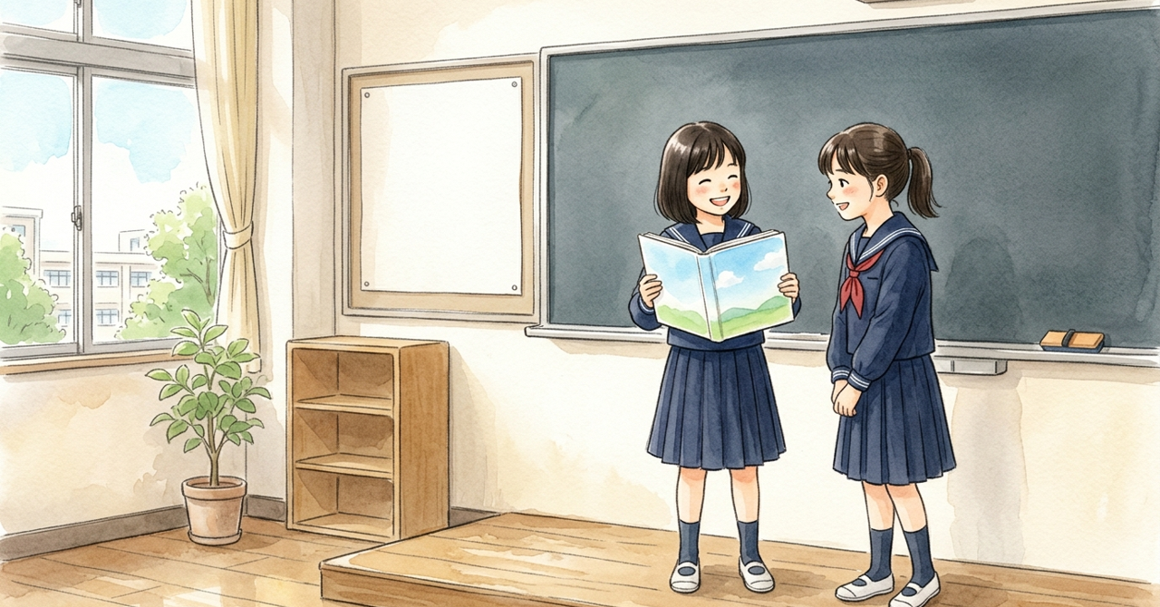 教室の前で、中学生が友だちに向かって本を紹介している。