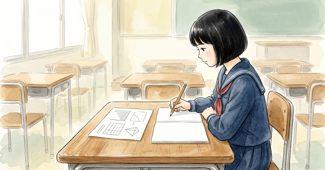 机で、中学生が資料とノートを並べ、鉛筆を持つ。