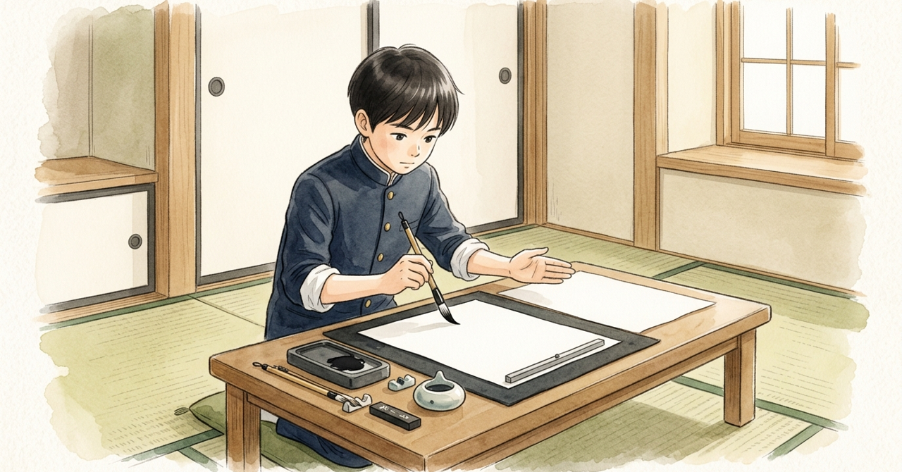 中学生が大きな紙に筆で書く前に、紙の上で手を広げて位置を確かめる。
