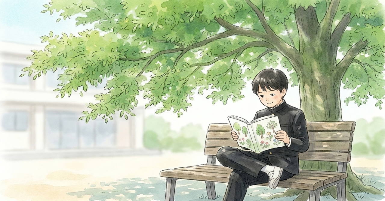 校庭の大きな木の下で、中学生が本を読んでいる。