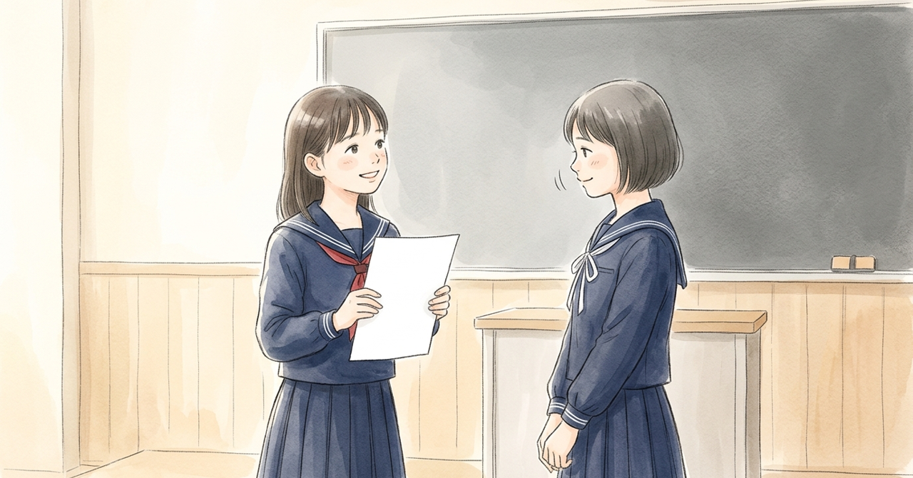 教室の前で、中学生が原稿の端を握り、友だちがうなずくのを見て顔を上げる。