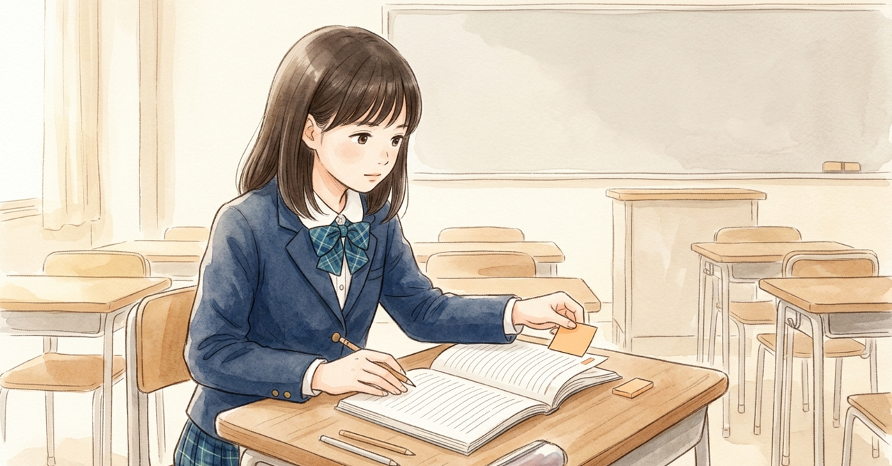 机で、中学生が本に付せんを貼りながら読む。