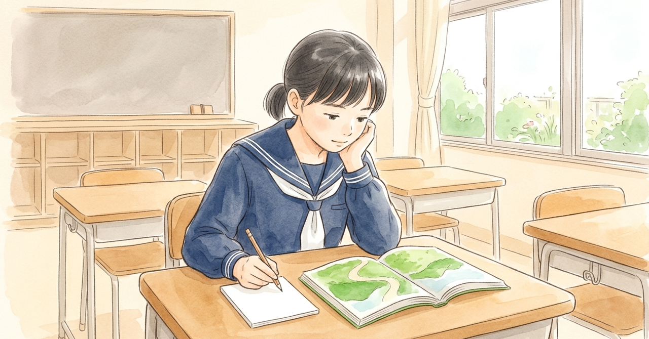 机で、中学生が本を開き、無地のメモに短く書いている。