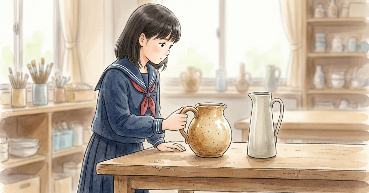 机に丸い水差しと細長い水差しが並び、中学生が丸い水差しの取っ手を手で持ってみる。