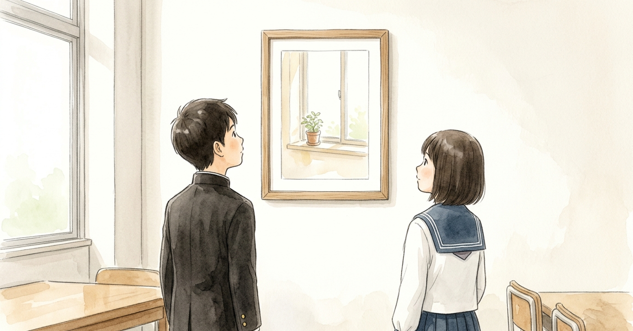 美術室の壁にかかった絵を、2人が並んで見ている。