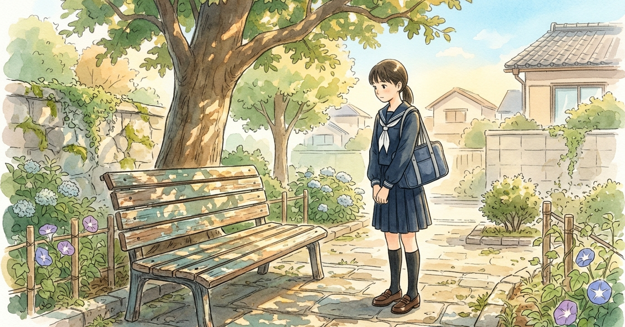 通学路の小さな広場の木のベンチに、葉の影が落ちている。中学生が立ち止まって見る。