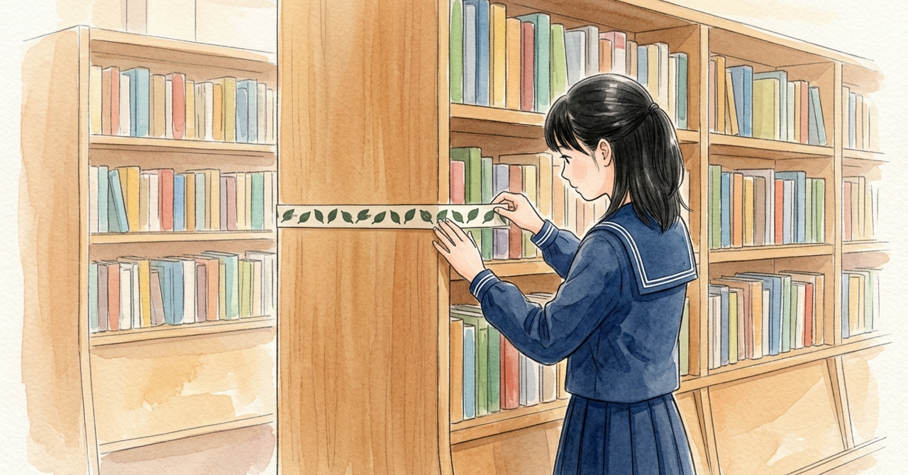 図書室の本棚の側面に、中学生が細い帯の模様を貼っている。