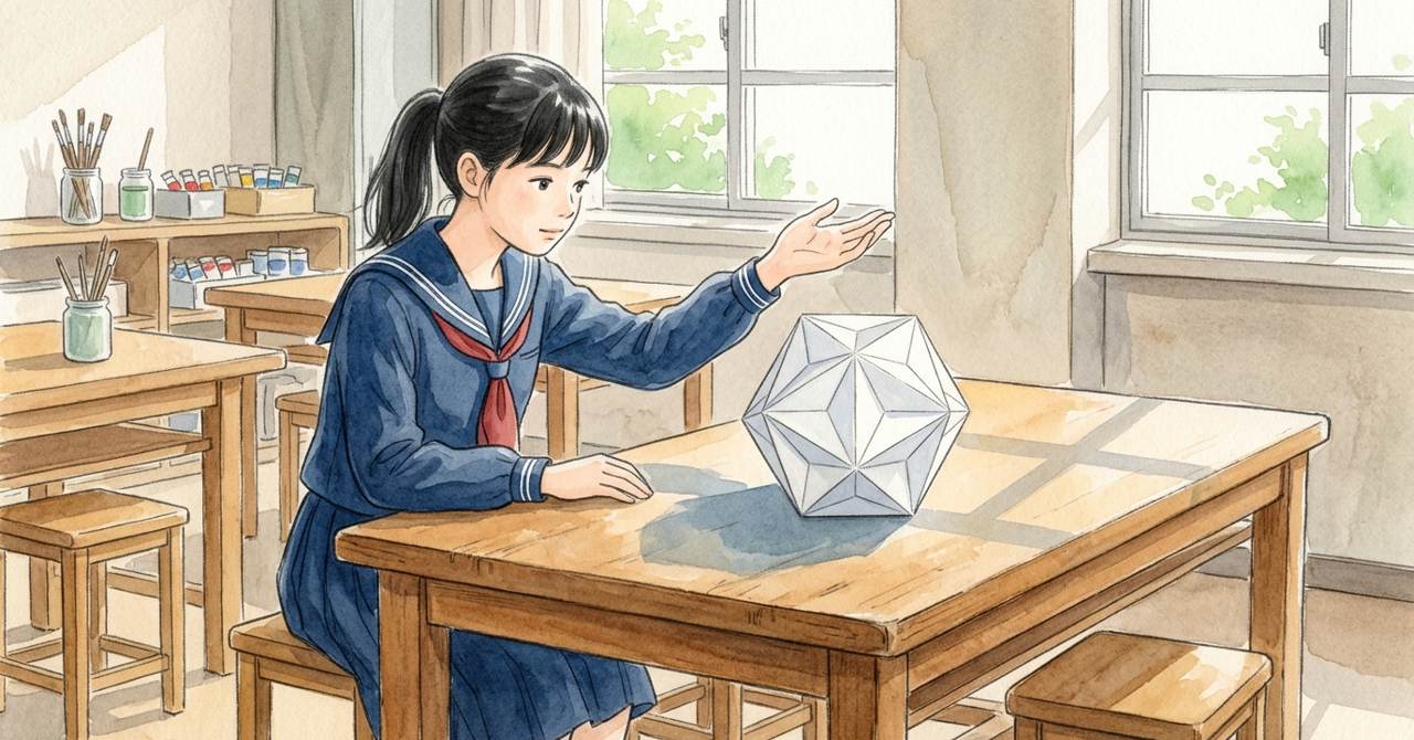 机の上の白い折り紙の飾りに、横から光が当たり影ができている。中学生が手で光の向きを確かめる。
