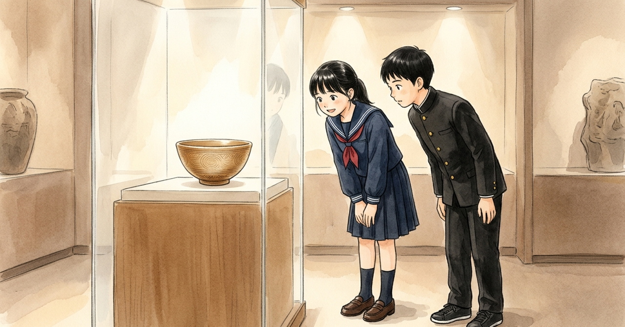 博物館で、中学生が丸い模様の器をガラスケースごしに見ている。
