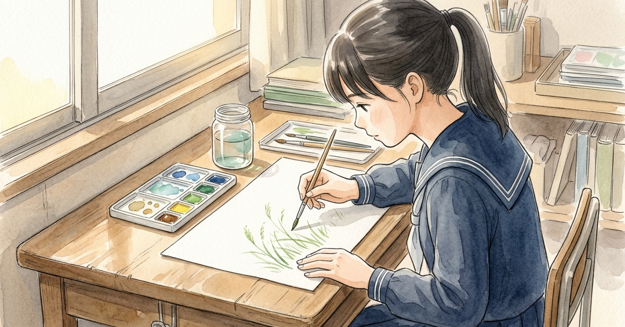 美術室で、中学生が水彩で風に揺れる草を細い筆で描いている。