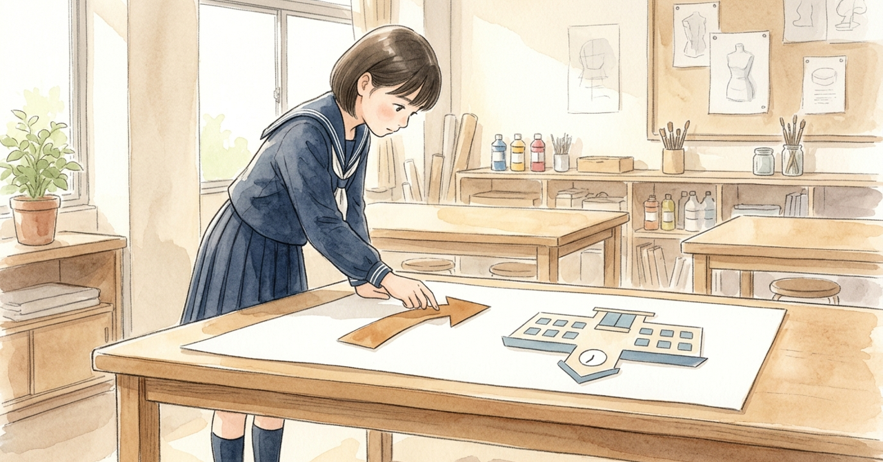 美術室で、中学生が大きな紙に案内の絵を配置している。