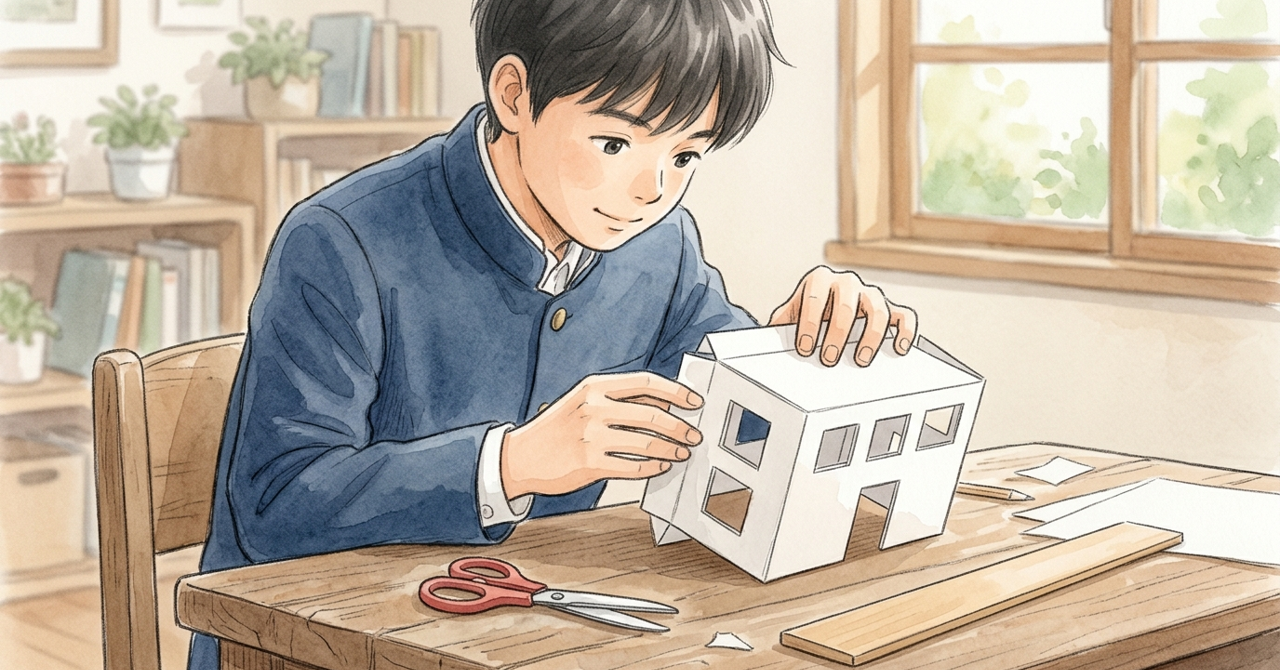 机で、中学生が窓の開いた紙の立体を組み、横にはさみと定規がある。