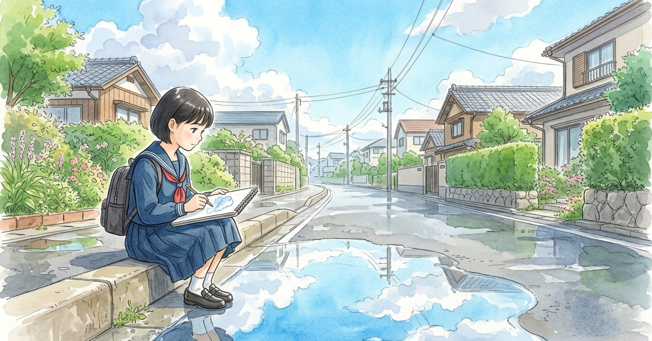 雨上がりの道で、中学生がスケッチブックを手に持ち、水たまりに映る空を描いている。