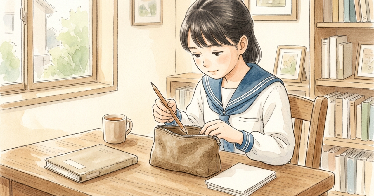 中学生が布の小物入れから鉛筆を取り出している。