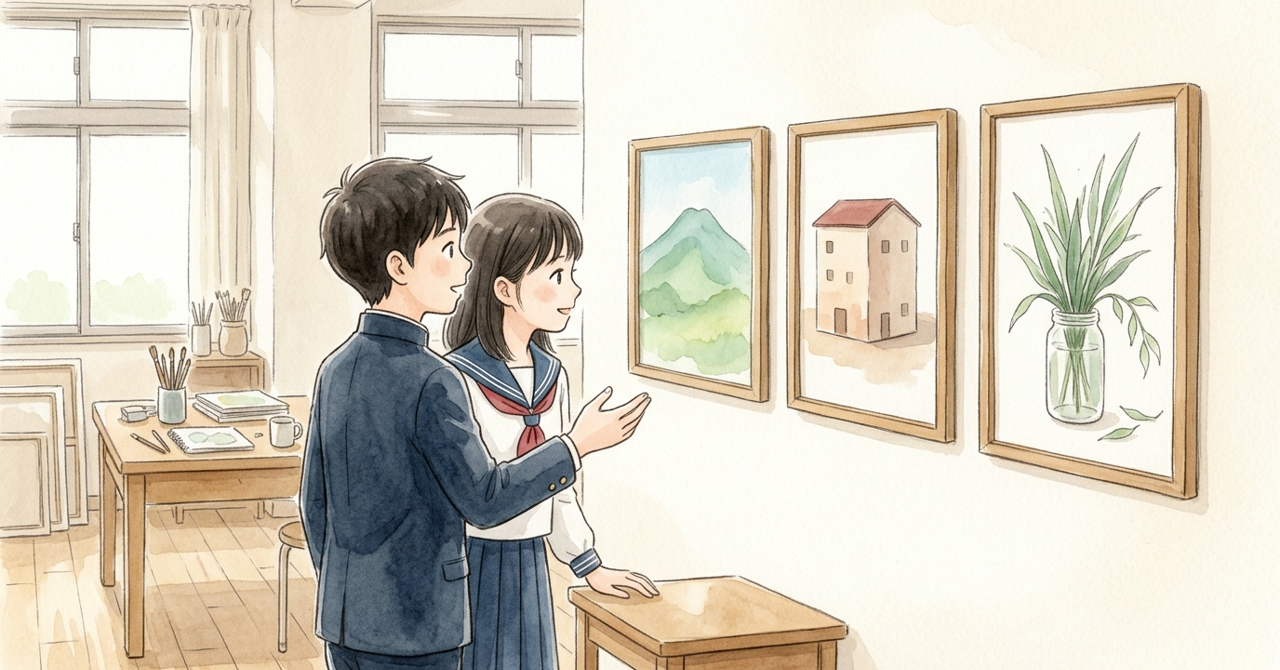 美術室の壁に並んだ3枚の絵を、2人が見比べる。
