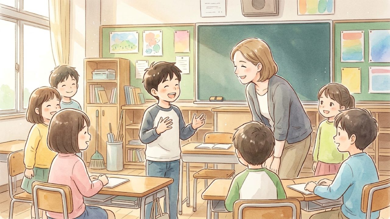 外国語活動の教え方｜家庭で相手を意識して身近な事柄を英語で伝え合う手描き風イラスト