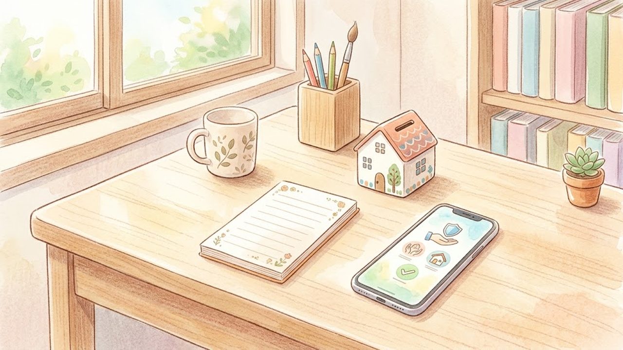 買い物のレシートと貯金箱をやさしく描いた手描き水彩イラスト