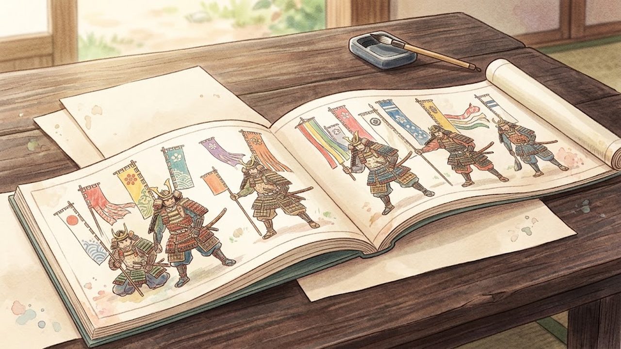 鎌倉武士の歴史絵巻と甲冑の資料をやさしく描いた手描き水彩イラスト