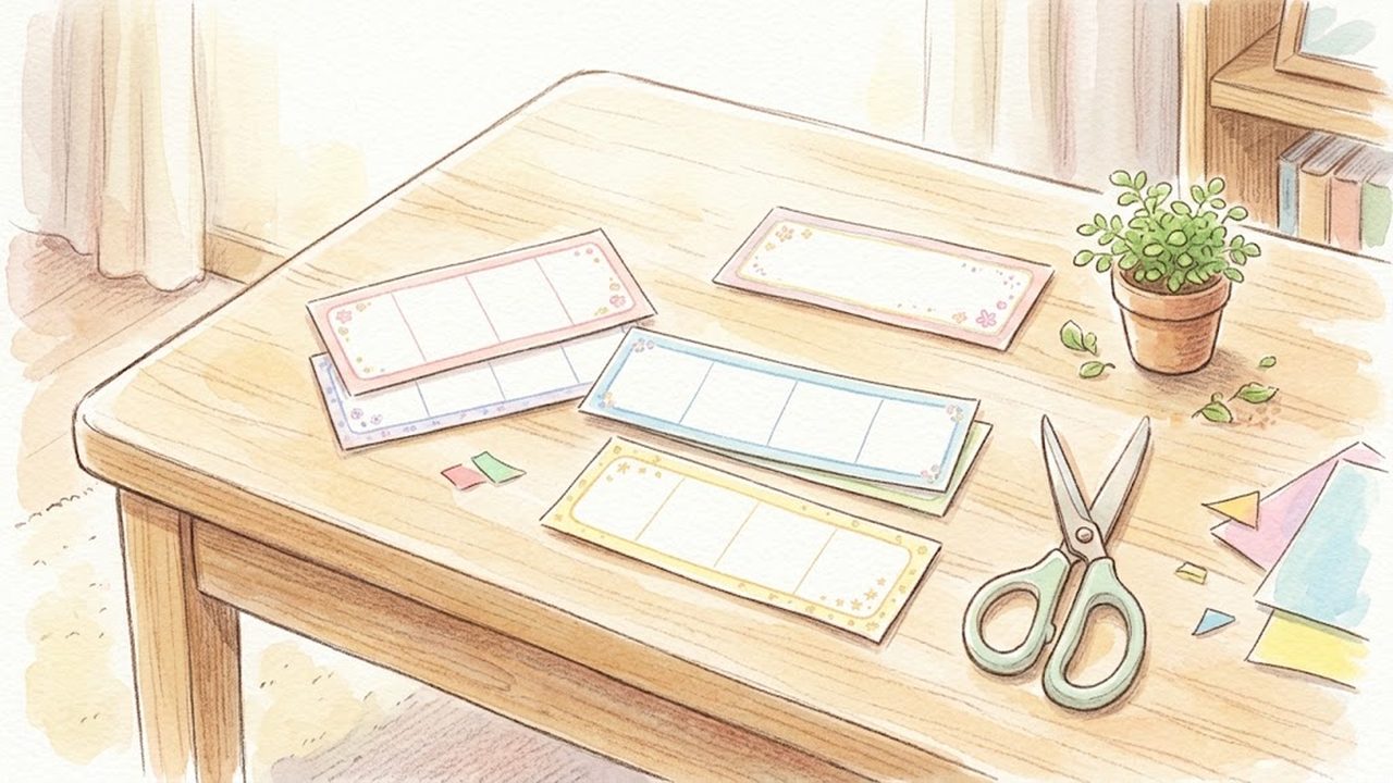 言葉の区切りを確かめる短冊カードとハサミをやさしく描いた手描き水彩イラスト