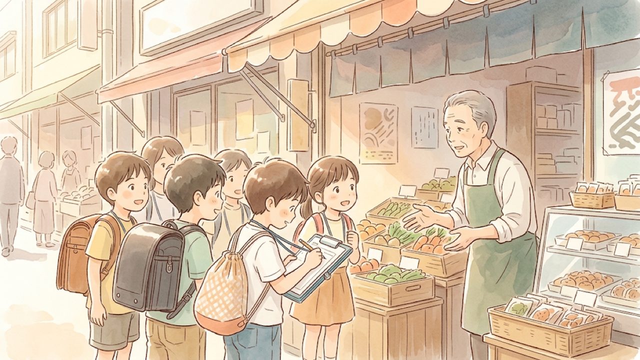 地域の生産と販売の教え方｜お店や工場の工夫を調べて白地図にまとめる手描き風イラスト