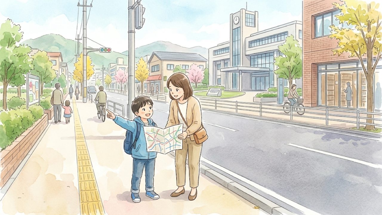 身近な地域や市の様子の教え方｜家庭で地図を見ながら地形や公共施設の特徴を整理する手描き風イラスト