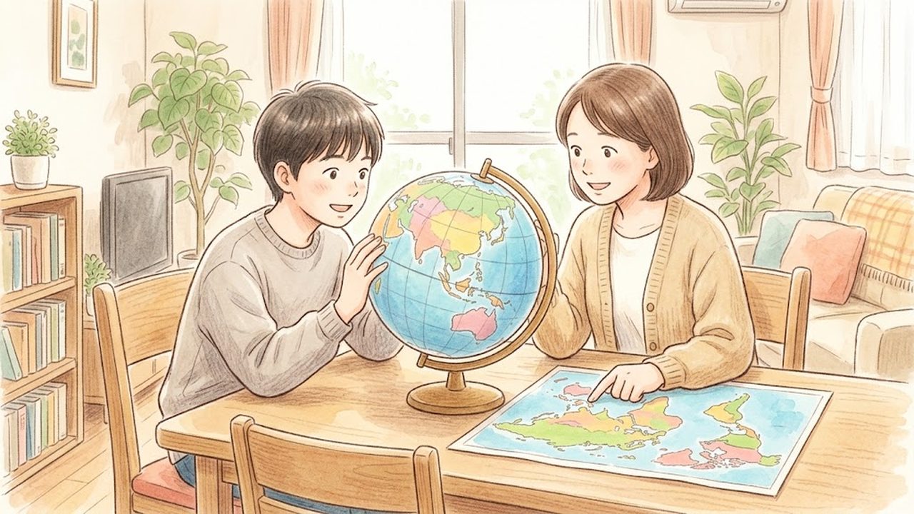 世界と日本の位置の教え方｜家庭で地球儀と地図帳を使って緯度や経度を確かめる手描き風イラスト