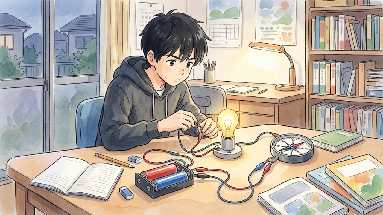 中学2年の理科|電流の作用を探究する|家庭学習のコツと手順を整理した温かい手描き風イラスト