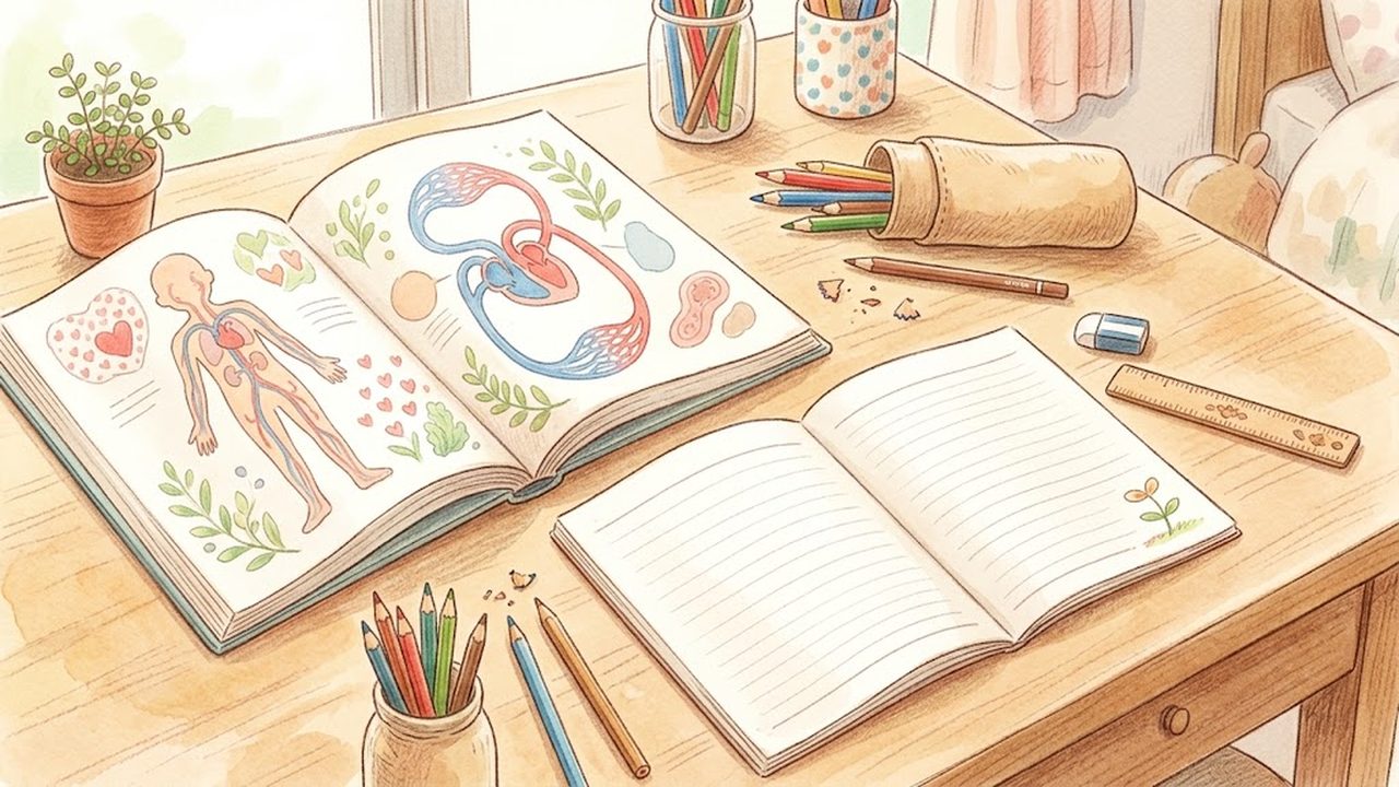 循環系や消化の仕組みをやさしく描いた理科ノートと色鉛筆の手描き水彩イラスト