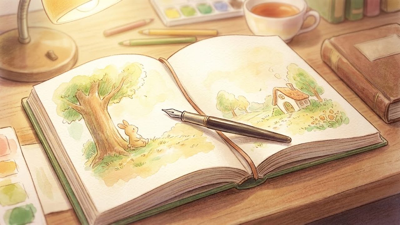 英語の本とペンが置かれたあたたかい読書机の様子をやさしく描いた手描き水彩イラスト