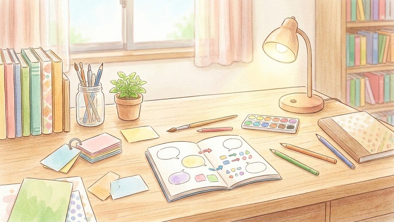 英語の会話カードとノートが置かれた机の様子をやさしく描いた手描き水彩イラスト