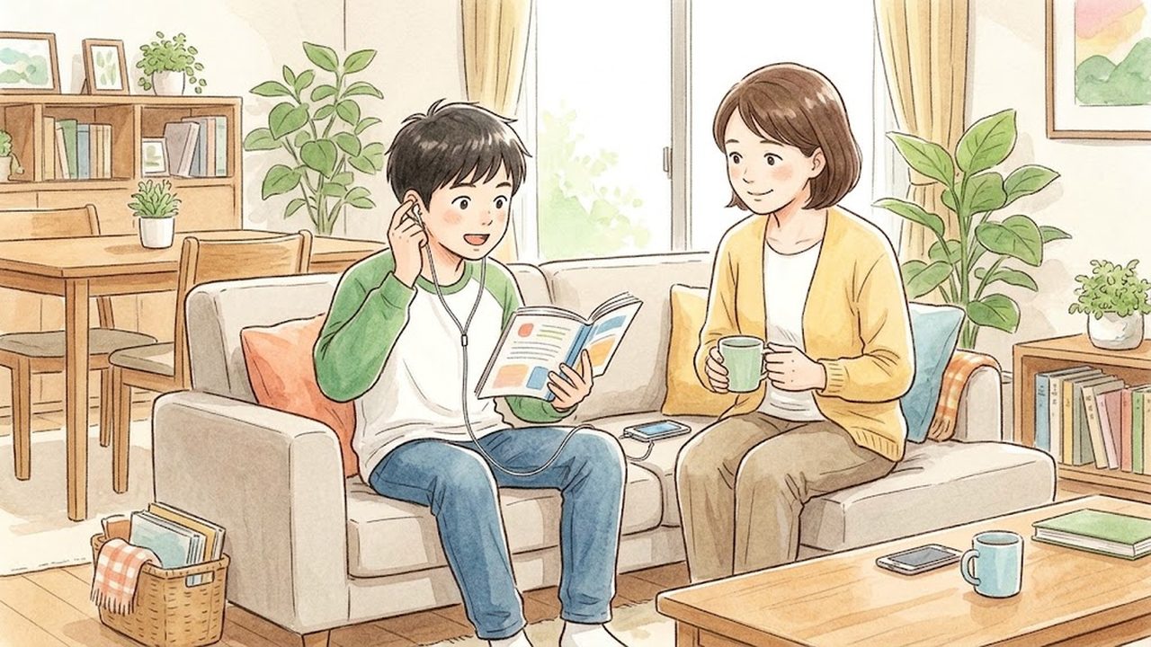 英語の発音・強勢・区切りの教え方|家庭で英語のリズムや音のつながりを整理する手描き風イラスト