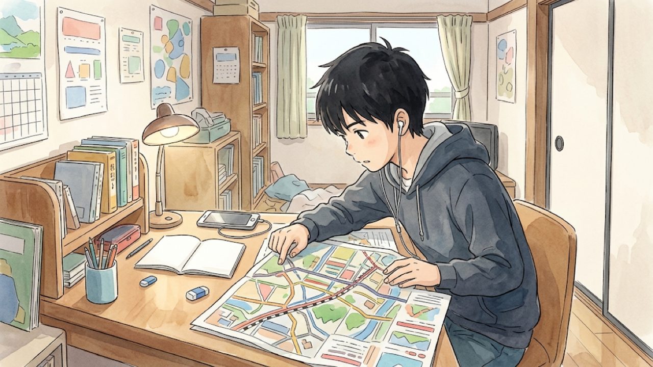 中学1〜3年の外国語|英語から必要な情報を読み聞く|家庭学習のコツと手順を整理した温かい手描き風イラスト