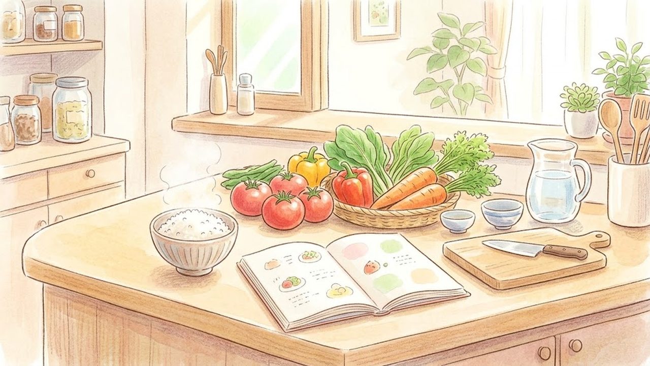 新鮮な野菜とお米が並ぶあたたかいキッチンの様子をやさしく描いた手描き水彩イラスト