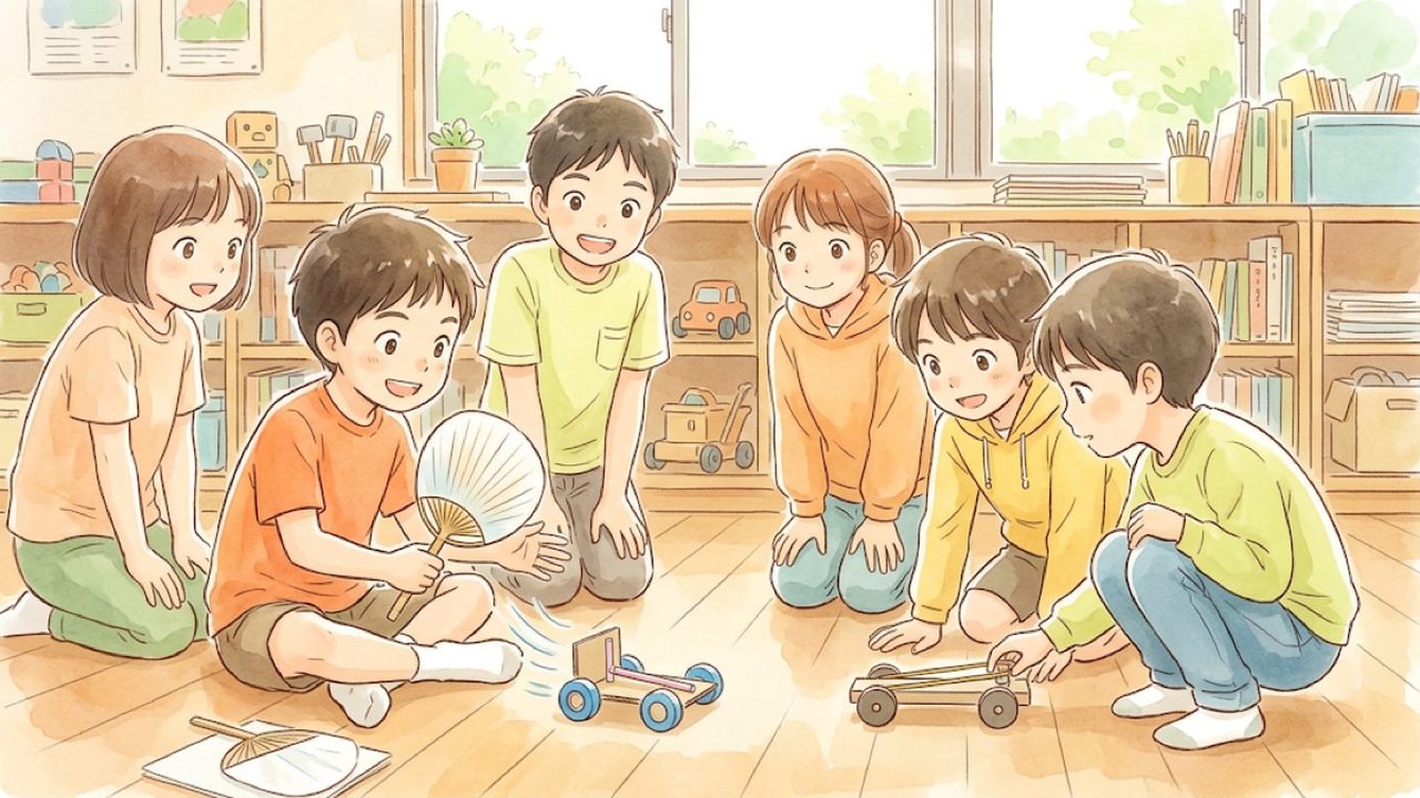 風力とゴムの弾力の教え方｜風の強さやゴムの伸ばし方で物の動き方が変わる実験の手描き風イラスト