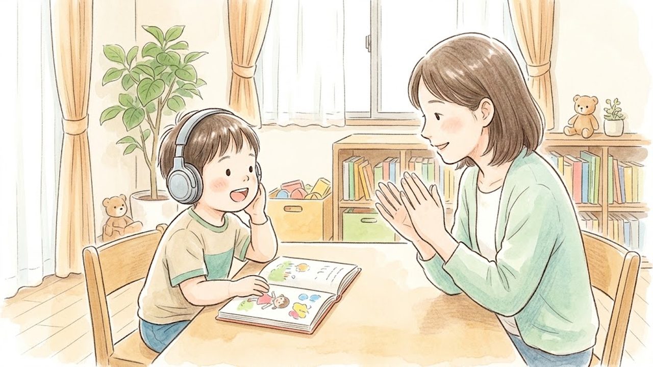外国語の知識と技能の教え方|家庭で音声・文字・簡単なやり取りを楽しく整理する手描き風イラスト