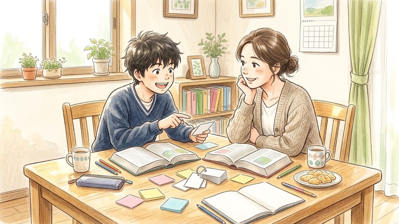 語句の量を増やし語感を磨く教え方|家庭で類義語や語彙の広がりを確かめる手描き風イラスト