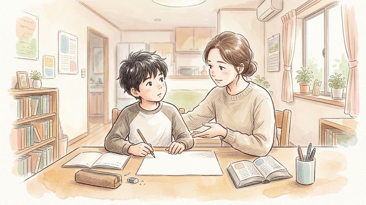 話し言葉と書き言葉の教え方|家庭で対話と文章の言葉遣いの違いを整理する手描き風イラスト