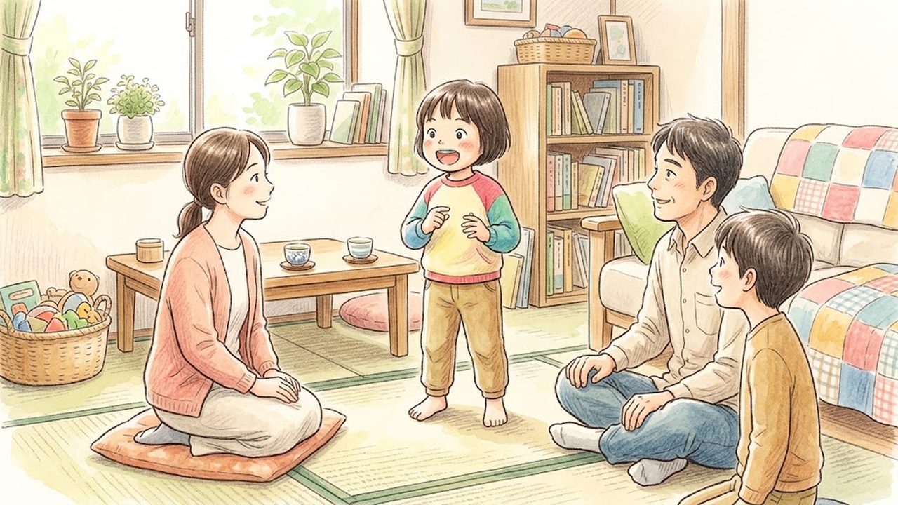 発音と話し方の教え方|家庭で雨と飴のアクセントの違いを手振りで確かめる手順の手描き風イラスト
