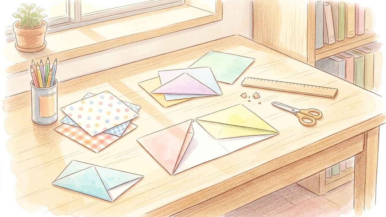 方眼紙と折り紙を使って正方形の面積を確かめる様子をやさしく描いた手描き水彩イラスト
