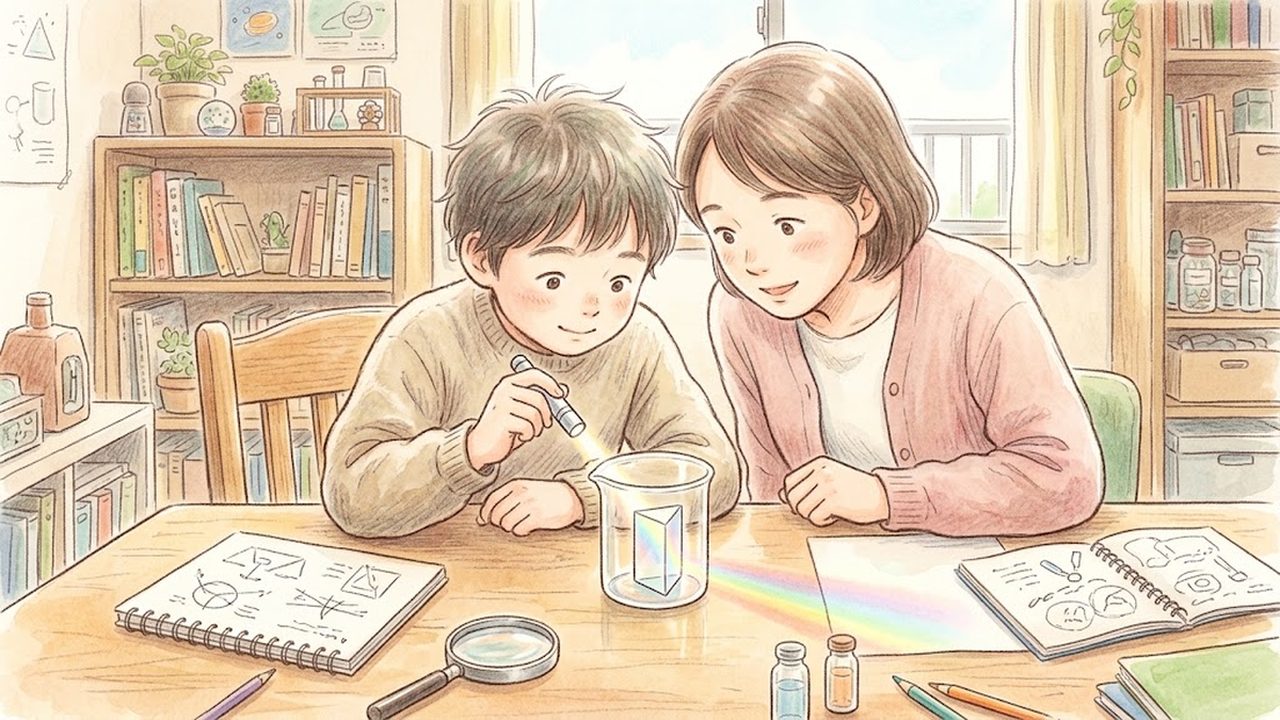 光・音・力の教え方｜家庭で光の反射と屈折の規則性を確かめる手描き風イラスト