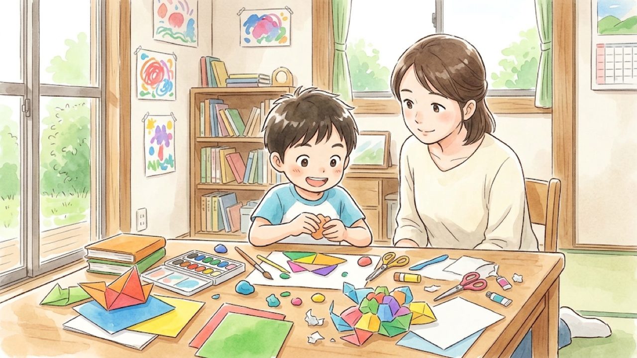 小学1・2年の図画工作｜絵や立体・工作で表したいことを見つけ形や色を考える親子の様子